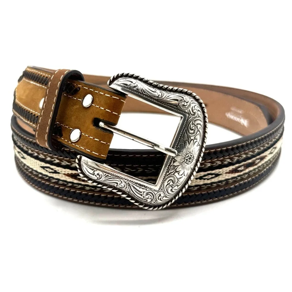 Nocona Western Leather Belt Sz 42 Brown Braided Inlay Cowboy Rodeo Silver Buckle
